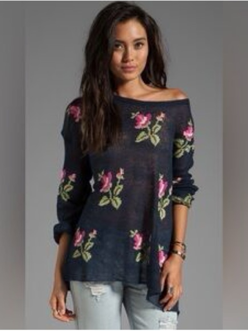 Wildfox White Label Little Edie Ringo Sweater in Uniform Navy Floral Knit sz S